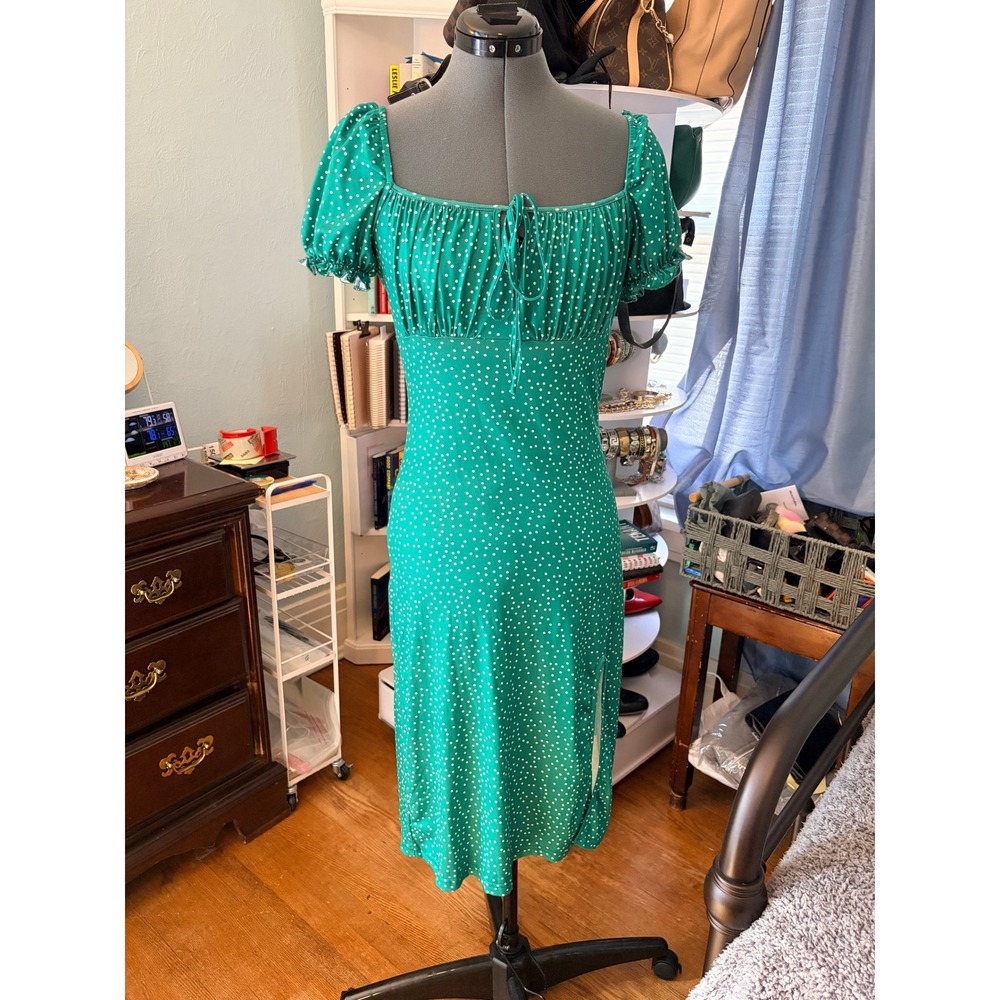 Polka Dot Midi Dress S Green Puff Sleeve Slit Milkmaid 1940s pin-up Rockabilly